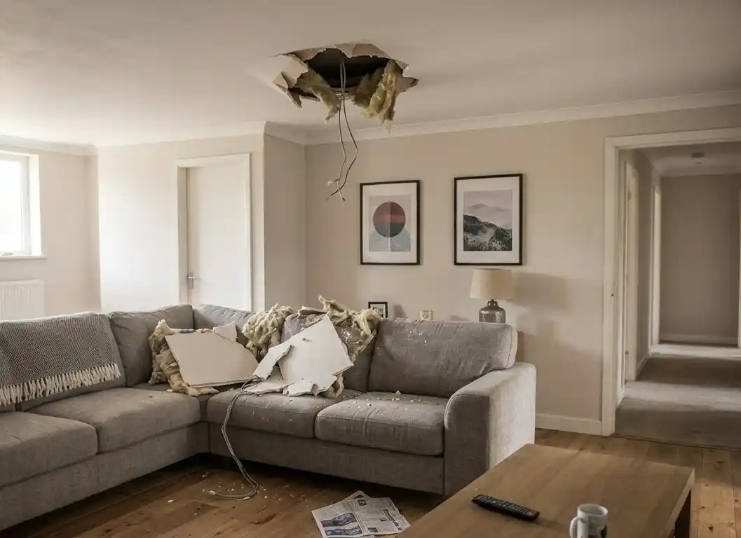 Faux-plafond en plâtre effondré suite à une mauvaise fixation